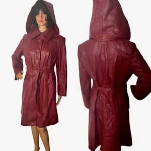 70’s Cubalan Red Pintucked Belted Leather Coat